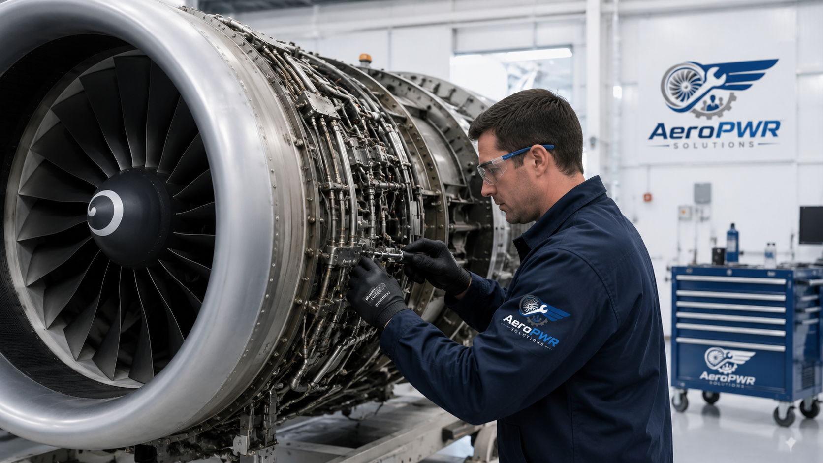 AeroPWR technician inspecting a commercial jet engine inside a maintenance facility